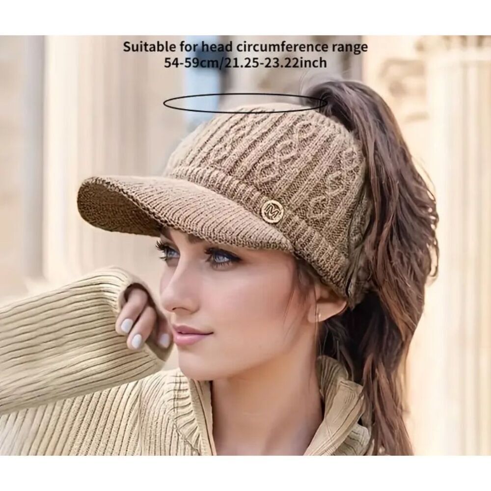 1 LEFT! Womens Knit Beanie Visor Hat W/Ponytail Opening – Beige Fleece Lined-OS